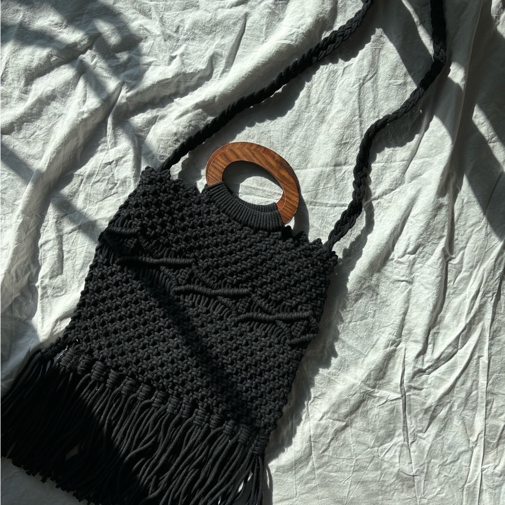 Danielle Nicole Black Macrame Bag With Wooden Han… - image 2